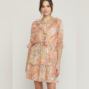 Entro Coral Print Dress With Ruffle Detail And Smocked Waist Large